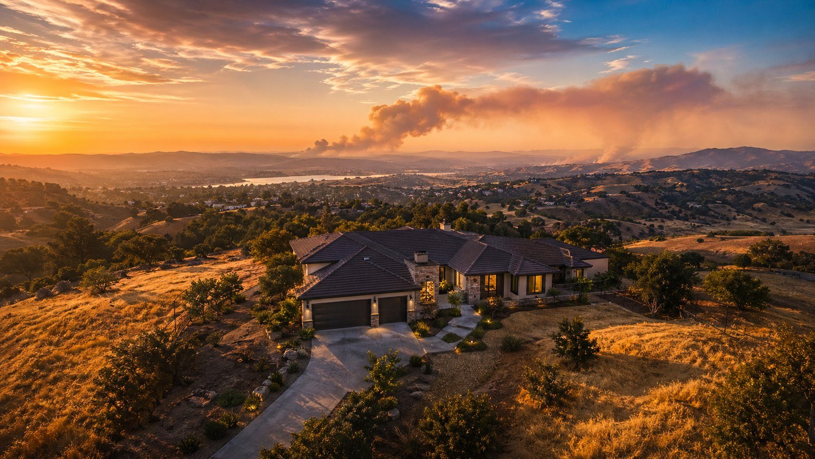 Wildfire risk property at golden hour