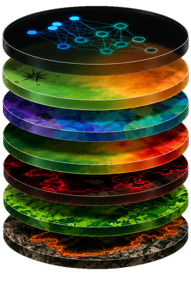 Exploded stack of the data layers Satelife combines into one wildfire score: AI risk model, fire weather, fuel types, burn probability, fire history, vegetation and terrain, and the property with its fire perimeter.