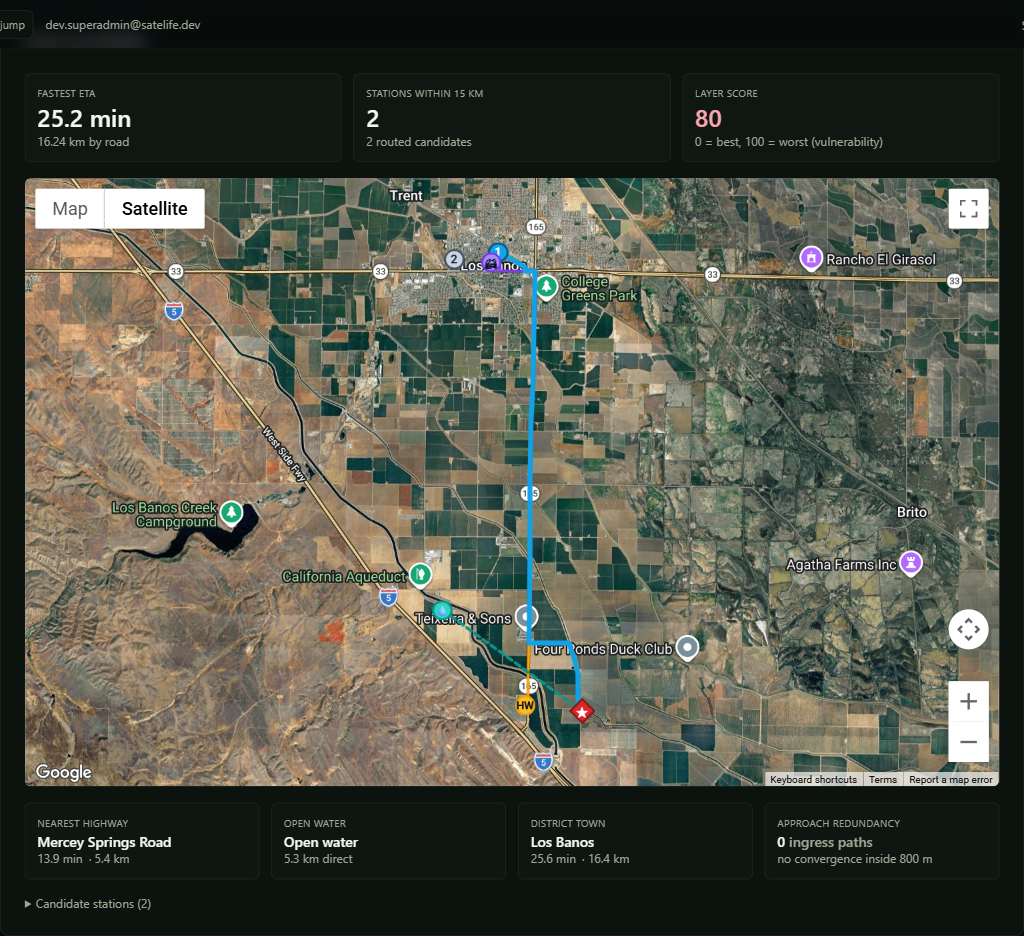 Road accessibility card showing the fastest brigade route on a satellite map with surrounding stations and access roads