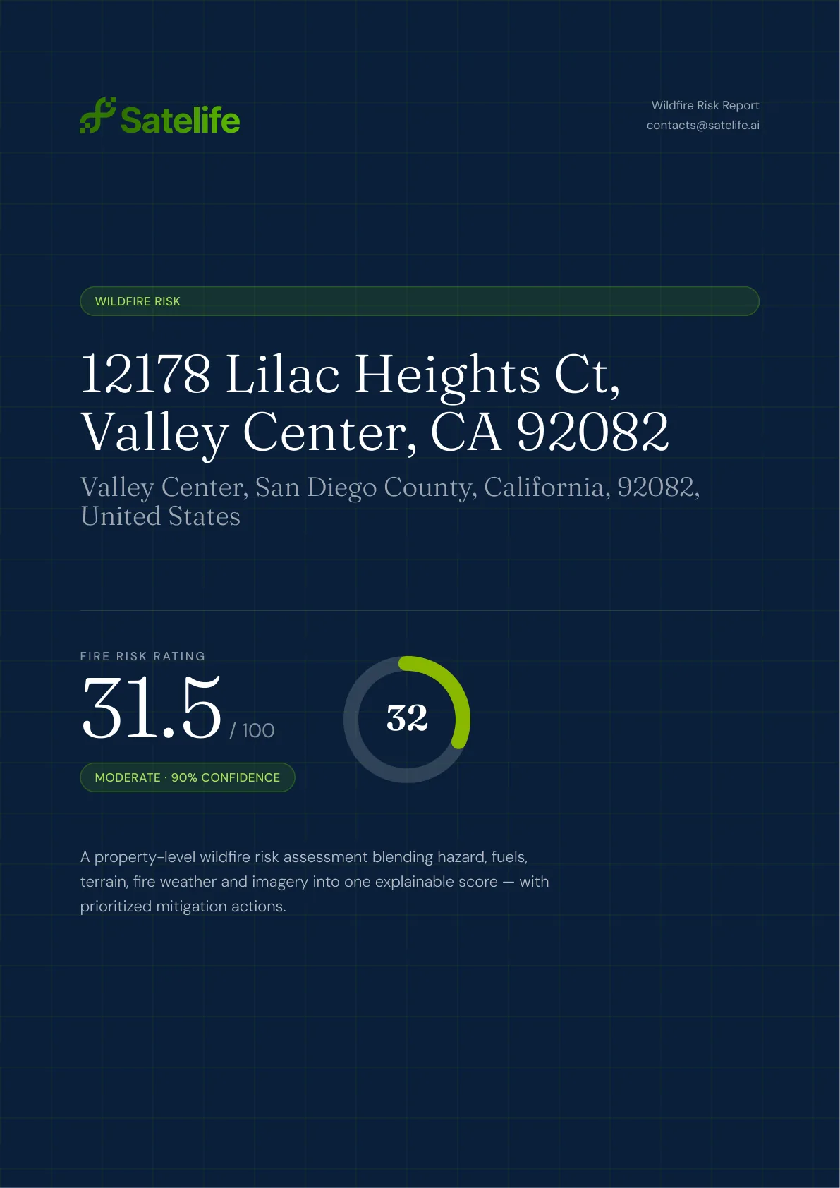 Satelife wildfire risk report cover — 12178 Lilac Heights Ct, Valley Center, risk score 31.5 (Moderate)