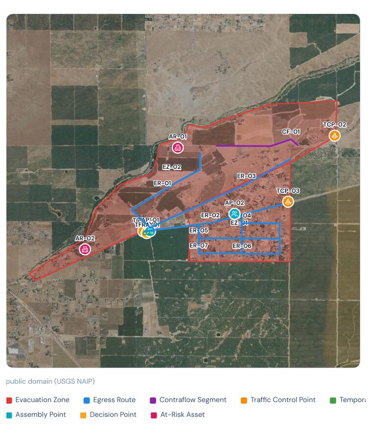 Situation map from a Satelife draft evacuation plan: two evacuation zones, seven egress routes, a contraflow segment, three traffic control points, a temporary refuge area, two assembly points, a decision point and two at-risk assets, all labeled over USGS satellite imagery.