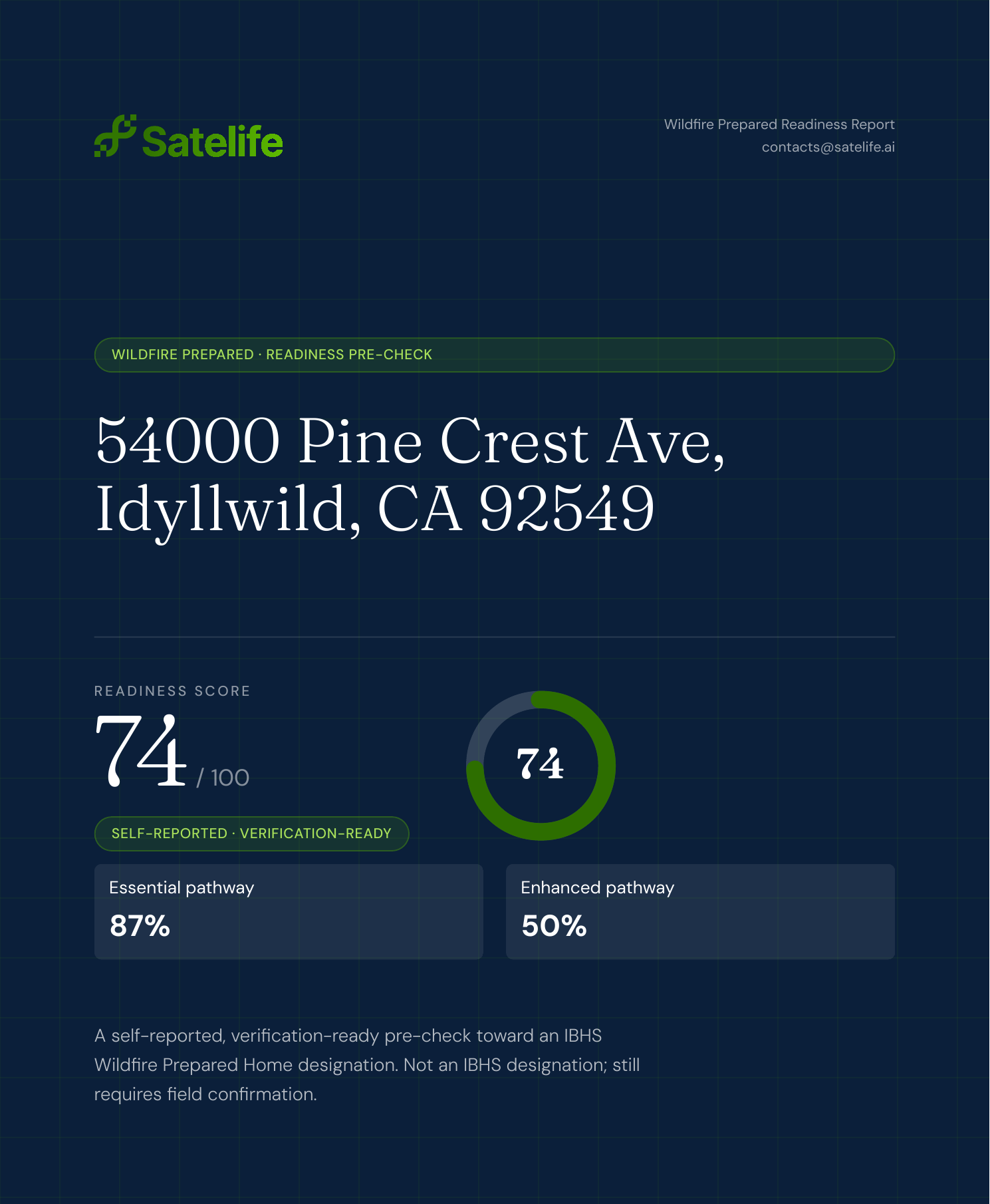 Satelife Wildfire Prepared Readiness report cover showing a readiness score of 74 out of 100, with Essential pathway 87% and Enhanced pathway 50%, marked self-reported and verification-ready.