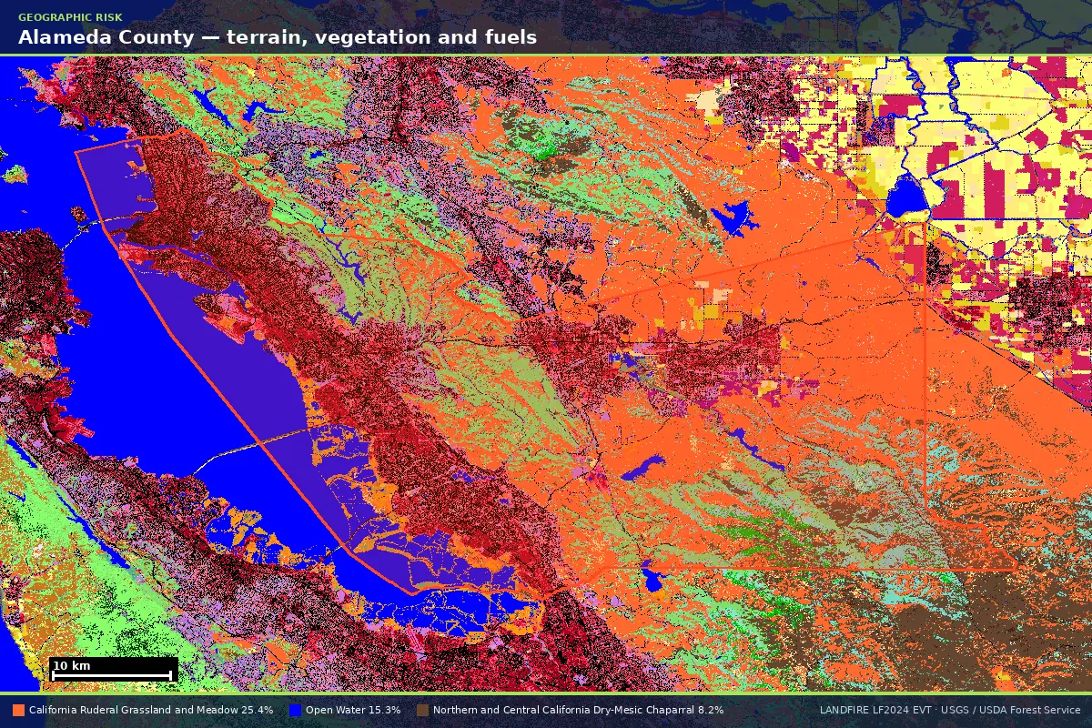 LANDFIRE existing vegetation type map of Alameda County, California, with the county boundary outlined