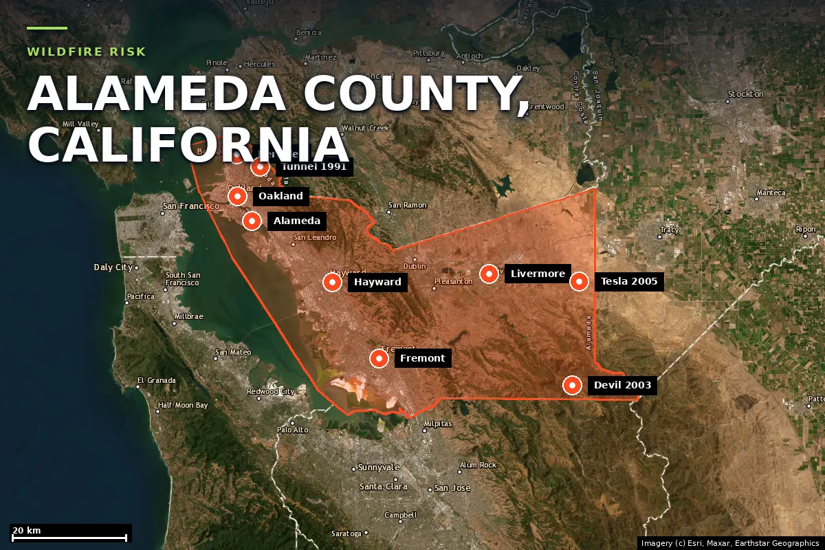 Satellite locator map of Alameda County, California, with the county boundary outlined