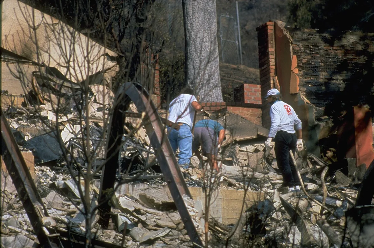 Tunnel Fire (1991) in Alameda County, California - Northridge Earthquake, CA, January 17, 1994 -- Buildings, cars and personal property were all destroyed when the earthquake struck