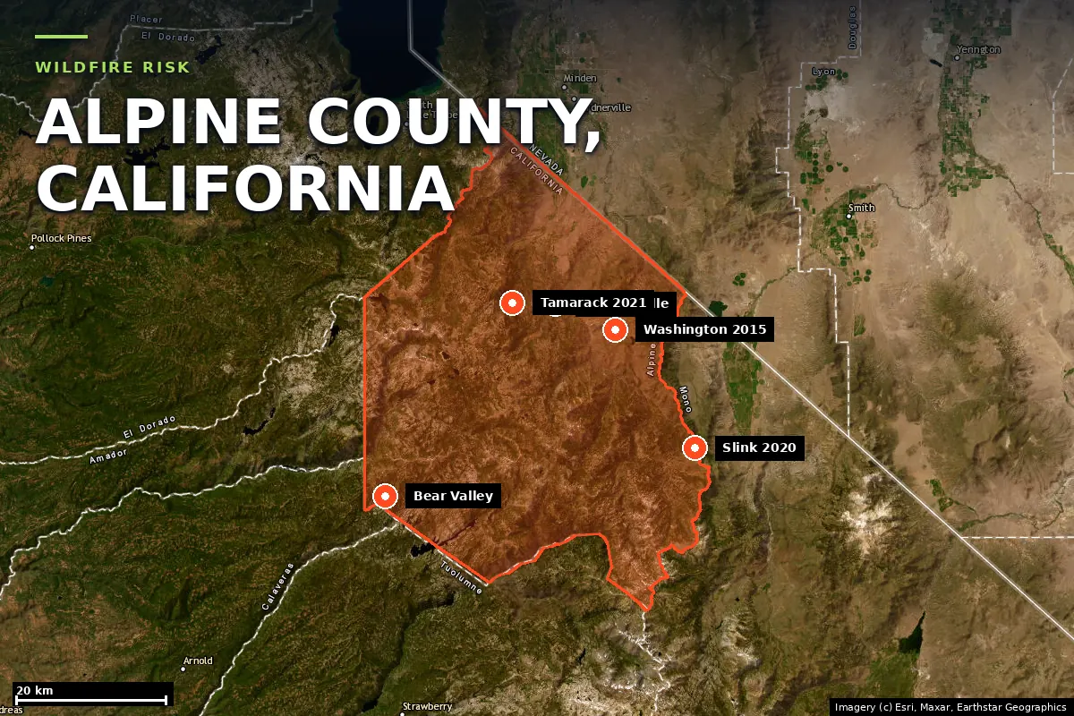 Satellite locator map of Alpine County, California, with the county boundary outlined