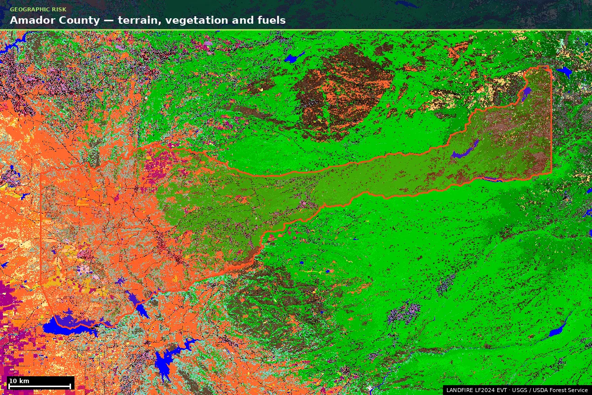 LANDFIRE existing vegetation type map of Amador County, California, with the county boundary outlined