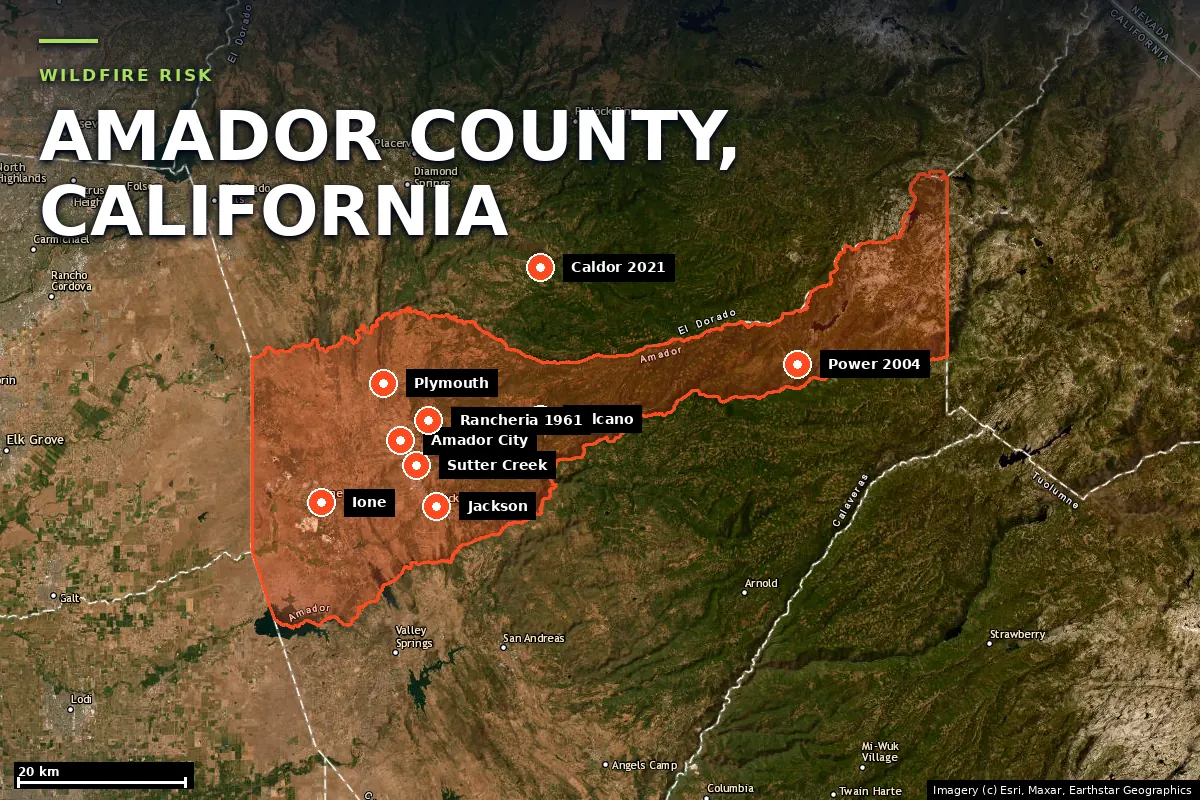 Satellite locator map of Amador County, California, with the county boundary outlined