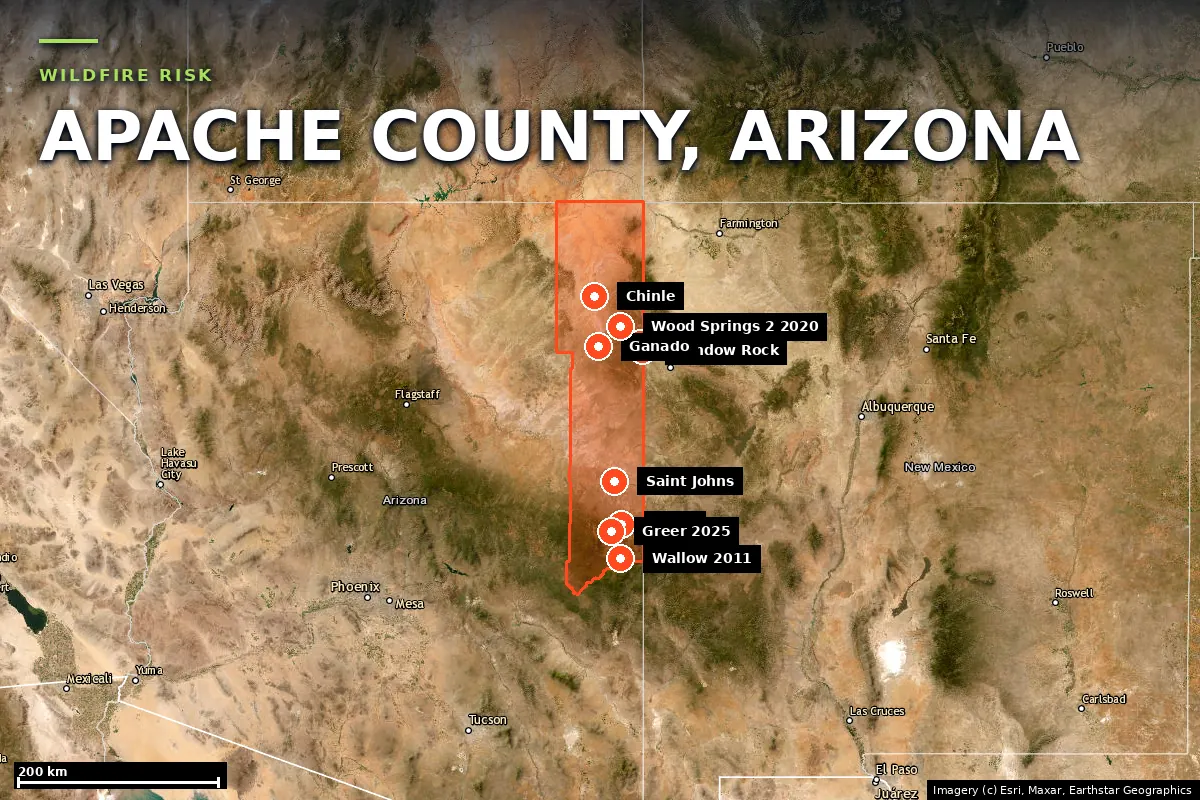 Satellite locator map of Apache County, Arizona, with the county boundary outlined