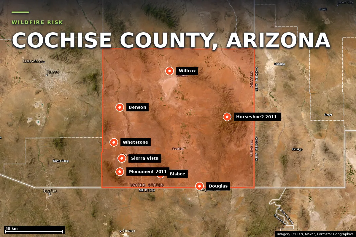 Satellite locator map of Cochise County, Arizona, with the county boundary outlined