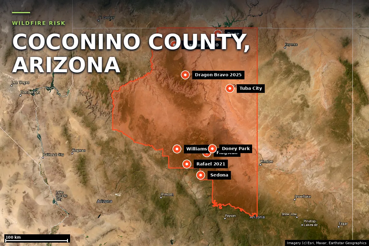 Satellite locator map of Coconino County, Arizona, with the county boundary outlined