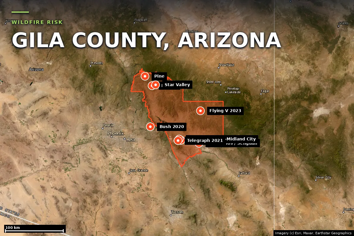 Satellite locator map of Gila County, Arizona, with the county boundary outlined