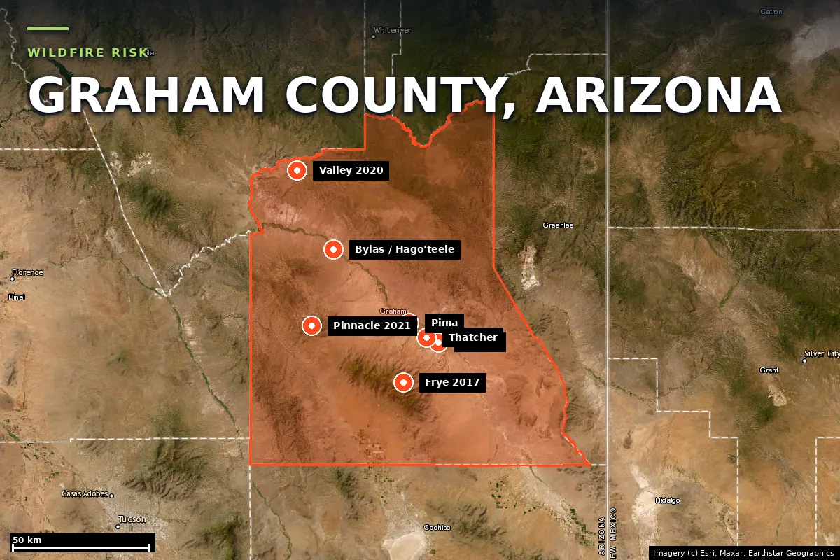 Satellite locator map of Graham County, Arizona, with the county boundary outlined