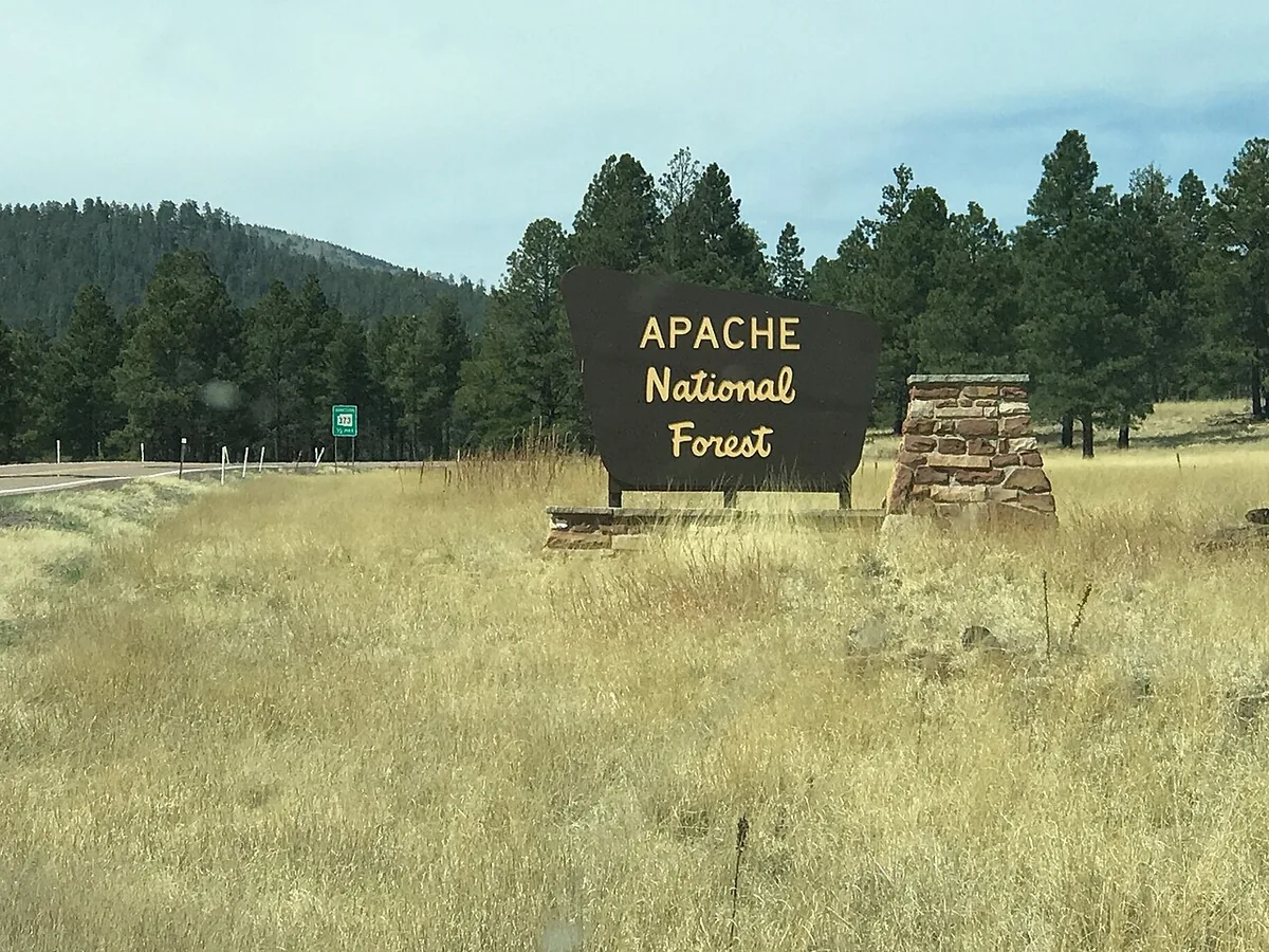 Rattlesnake Fire (2018) in Graham County, Arizona - Apache National Forest sign along Hwy 260 between Eagar and Indian Pine, Arizona. Visible distant smoke can be seen from the Rattl