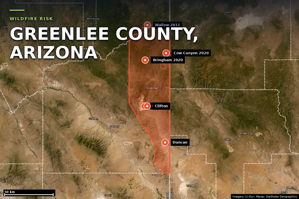 Satellite locator map of Greenlee County, Arizona, with the county boundary outlined