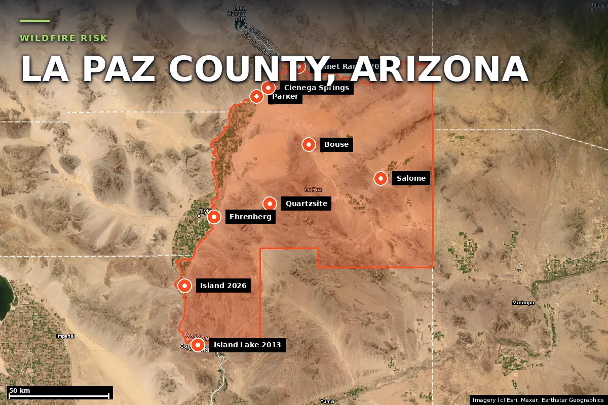 Satellite locator map of La Paz County, Arizona, with the county boundary outlined