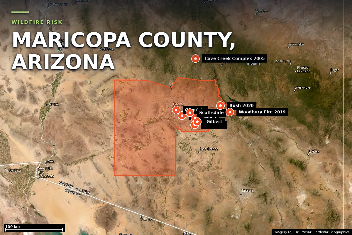 Satellite locator map of Maricopa County, Arizona, with the county boundary outlined