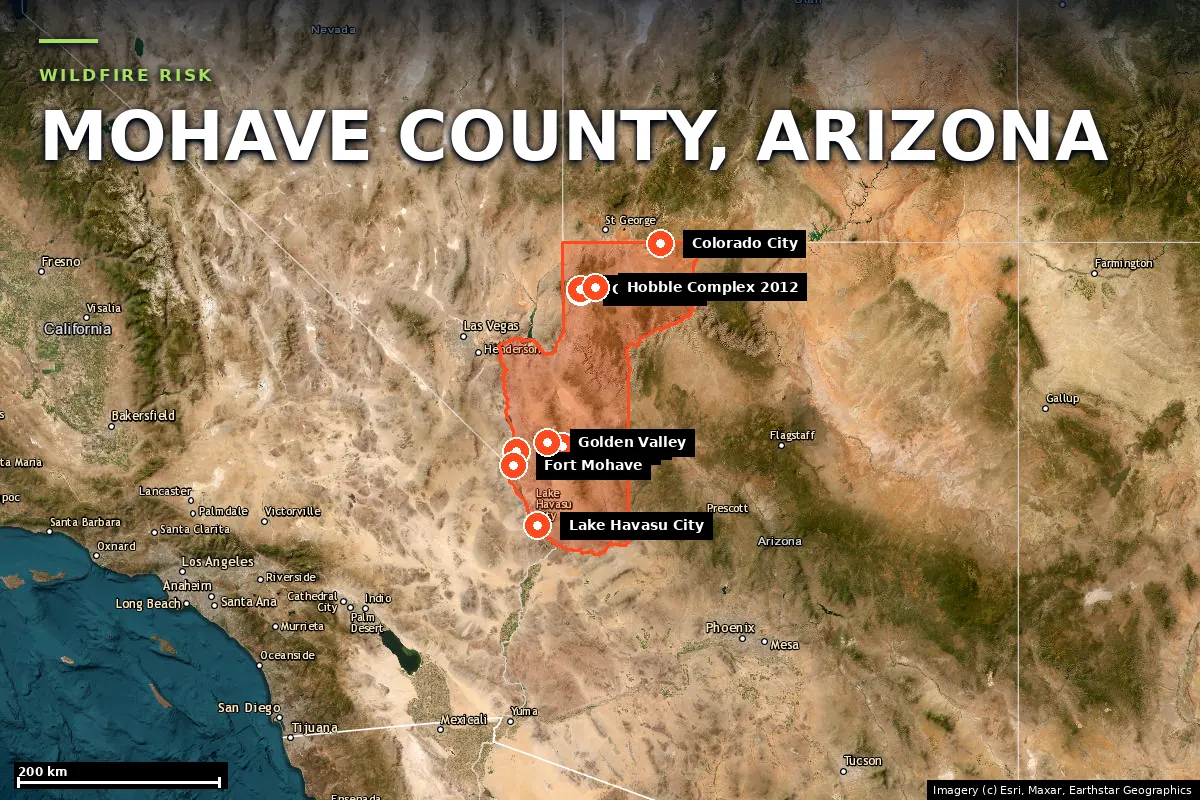 Satellite locator map of Mohave County, Arizona, with the county boundary outlined