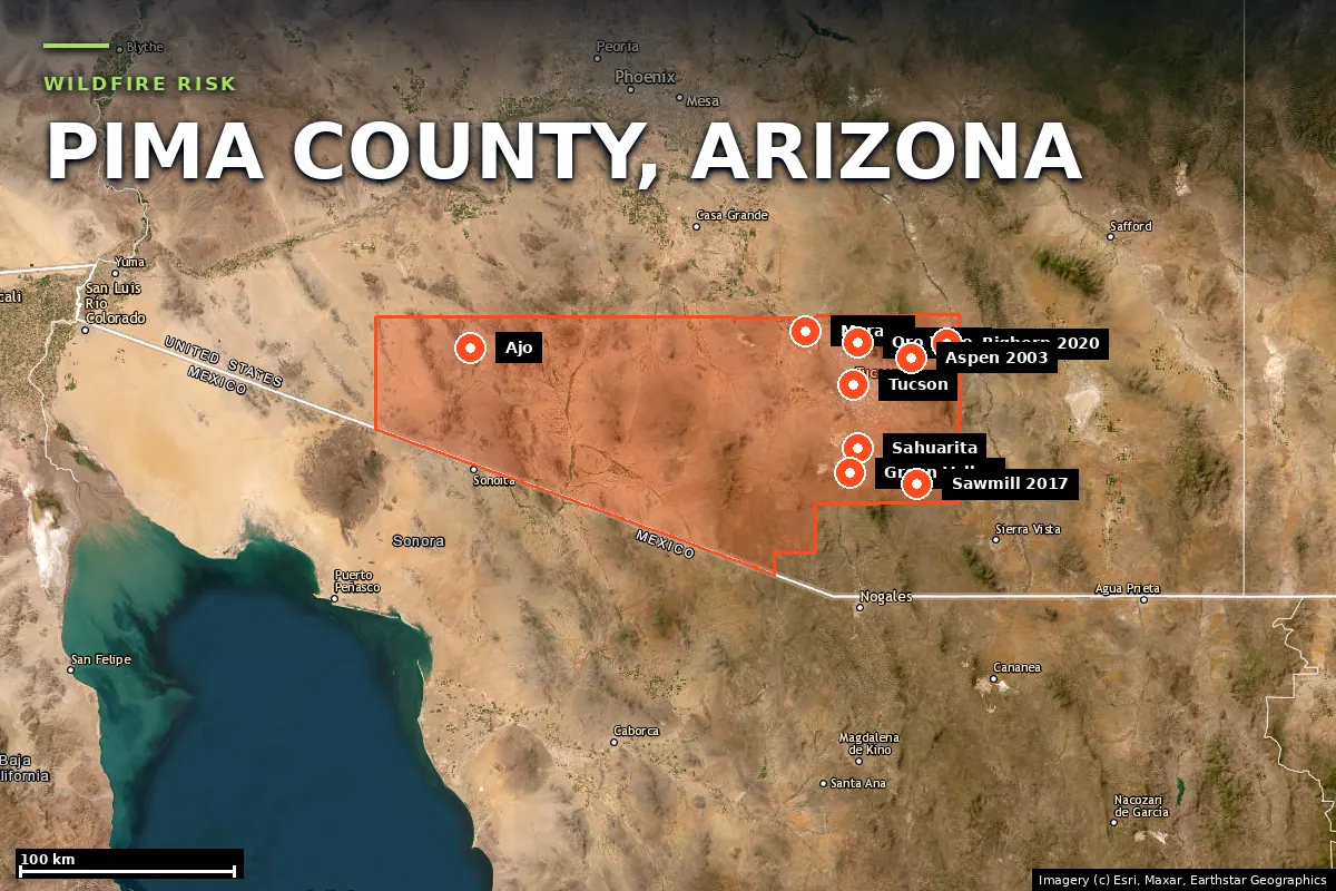 Satellite locator map of Pima County, Arizona, with the county boundary outlined
