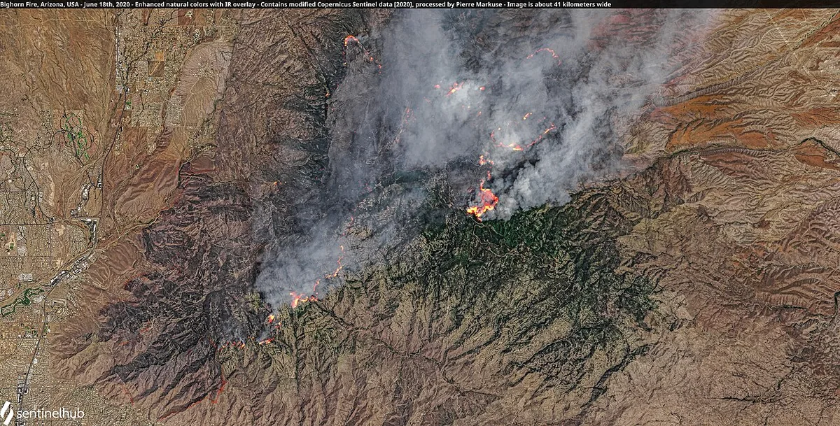 Bighorn Fire (2020) in Pima County, Arizona - Contains modified Copernicus Sentinel data [2020], processed by &lt;a href=" https://twitter.com/Pierre_Markuse " rel="noreferrer 