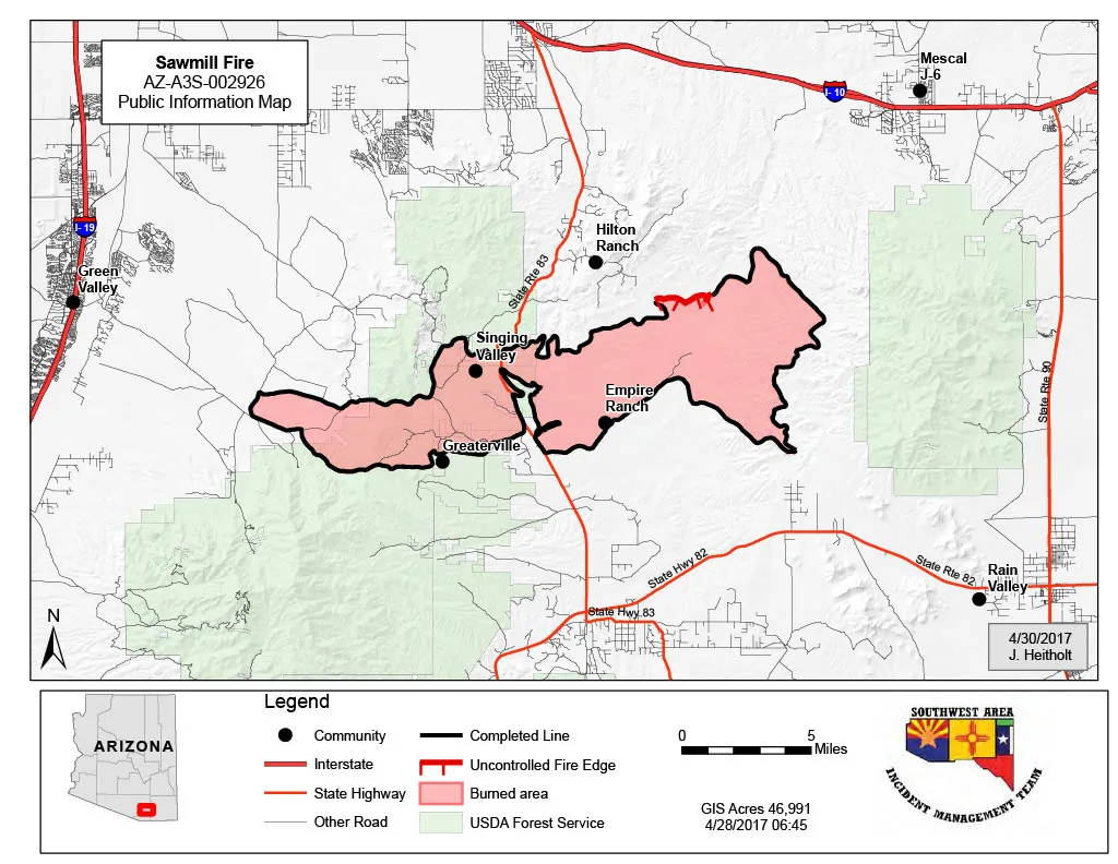 Sawmill Fire (2017) in Pima County, Arizona - This is a map of the Sawmill Fire, a wildfire in April 2017 that burned ~47,000 acres of land in Arizona, produced by U.S. Federal