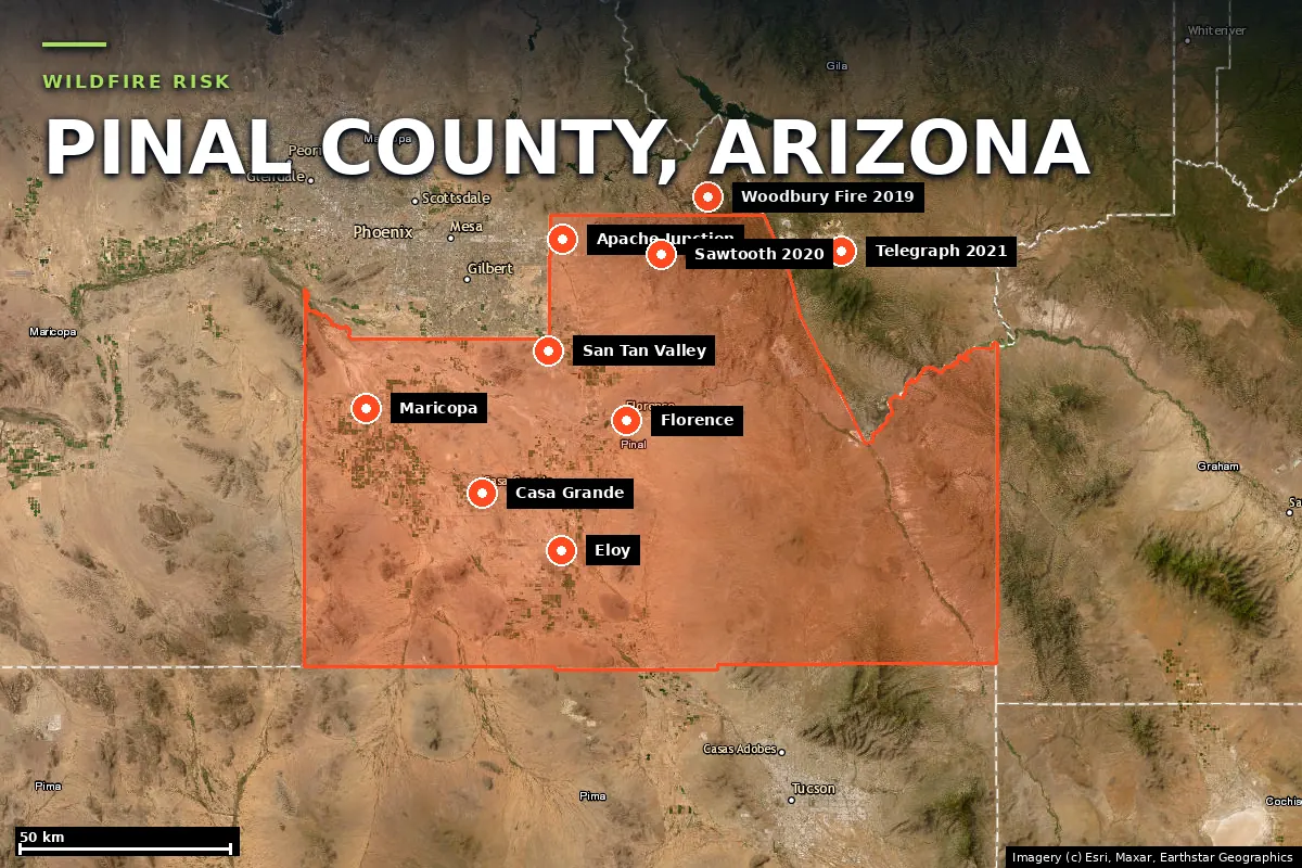 Satellite locator map of Pinal County, Arizona, with the county boundary outlined