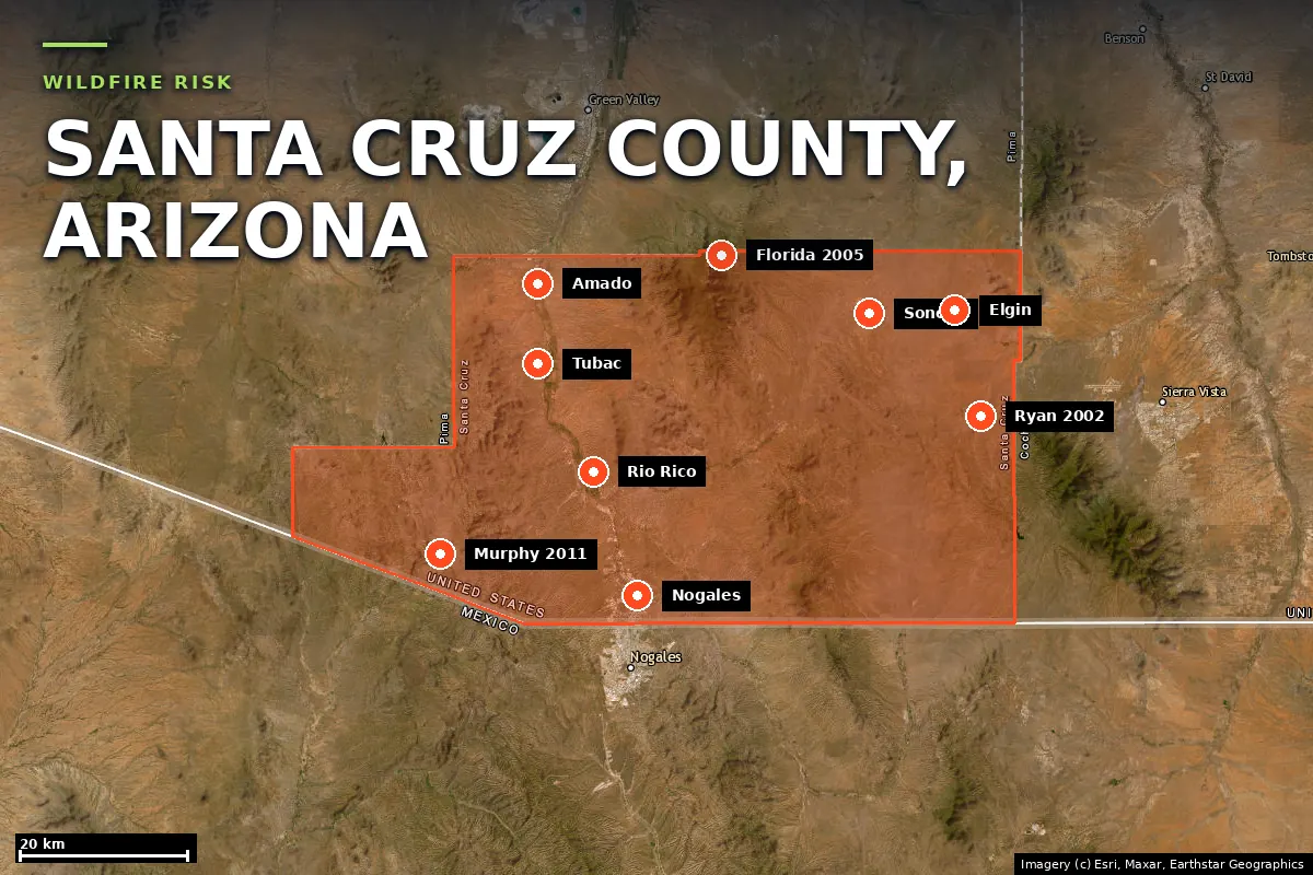 Satellite locator map of Santa Cruz County, Arizona, with the county boundary outlined