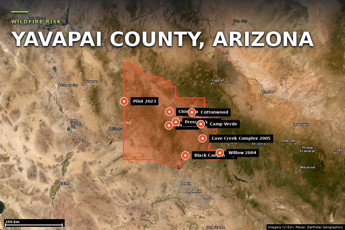 Satellite locator map of Yavapai County, Arizona, with the county boundary outlined