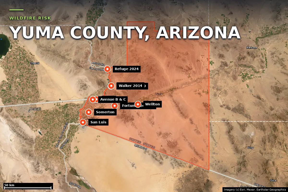Satellite locator map of Yuma County, Arizona, with the county boundary outlined