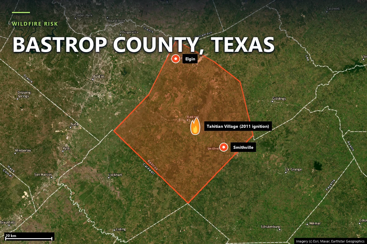 Satellite locator map of Bastrop County, Texas, with the county boundary outlined, Elgin and Smithville marked, and a flame icon on Tahitian Village, one of the three ignition points of the 2011 Bastrop County Complex Fire