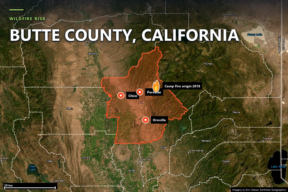 Satellite locator map of Butte County, California, with the county boundary outlined and Chico, Oroville, Paradise, Magalia and the 2018 Camp Fire origin near Pulga marked