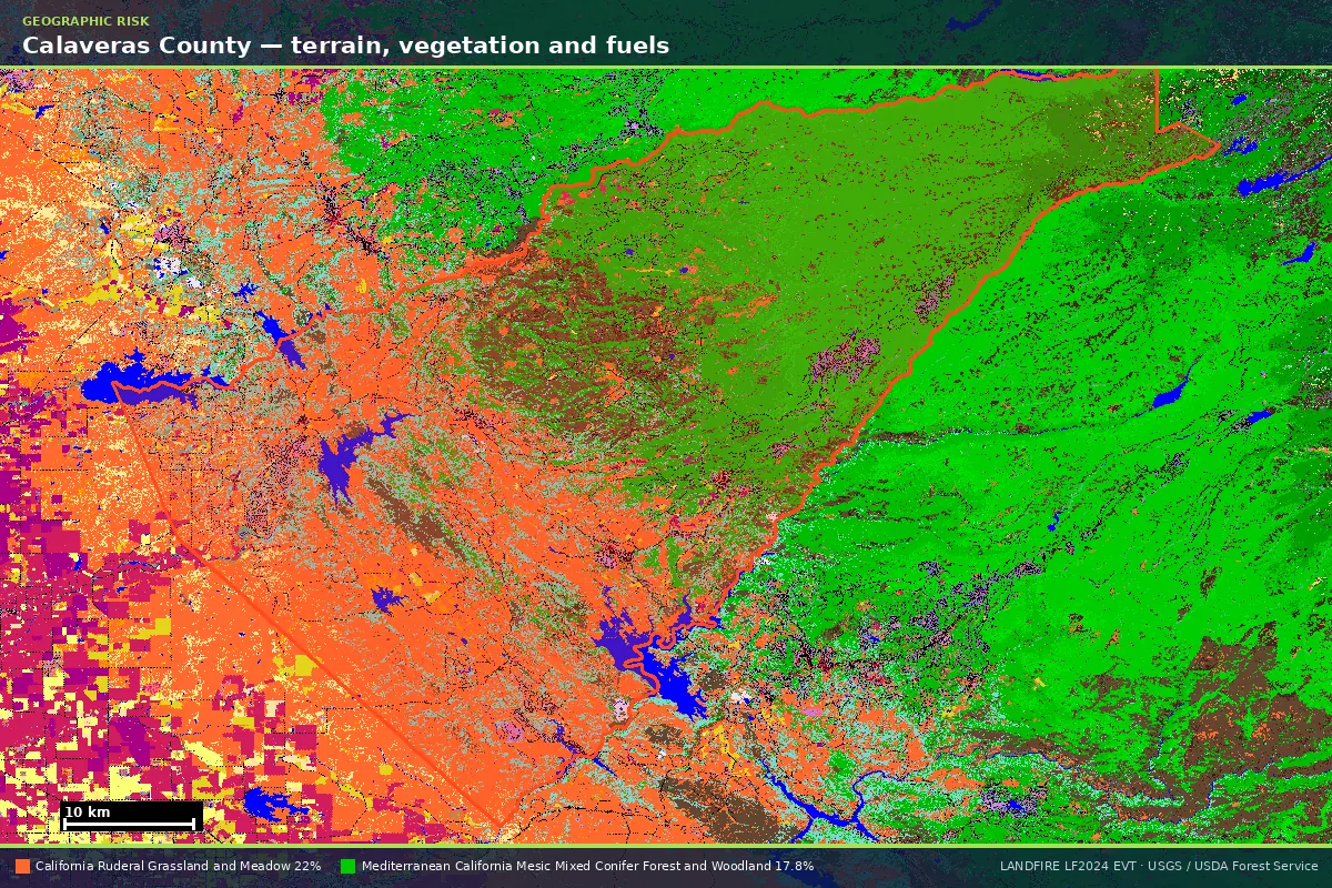 LANDFIRE existing vegetation type map of Calaveras County, California, with the county boundary outlined