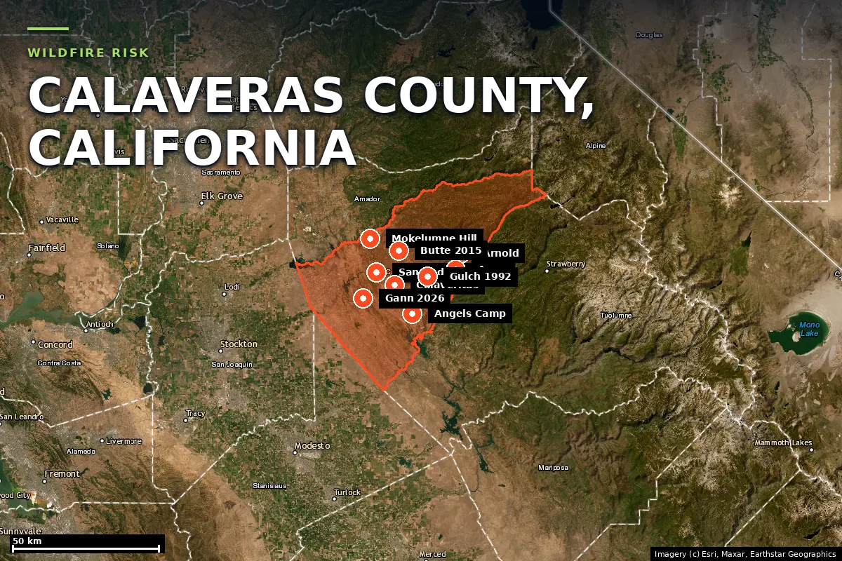 Satellite locator map of Calaveras County, California, with the county boundary outlined