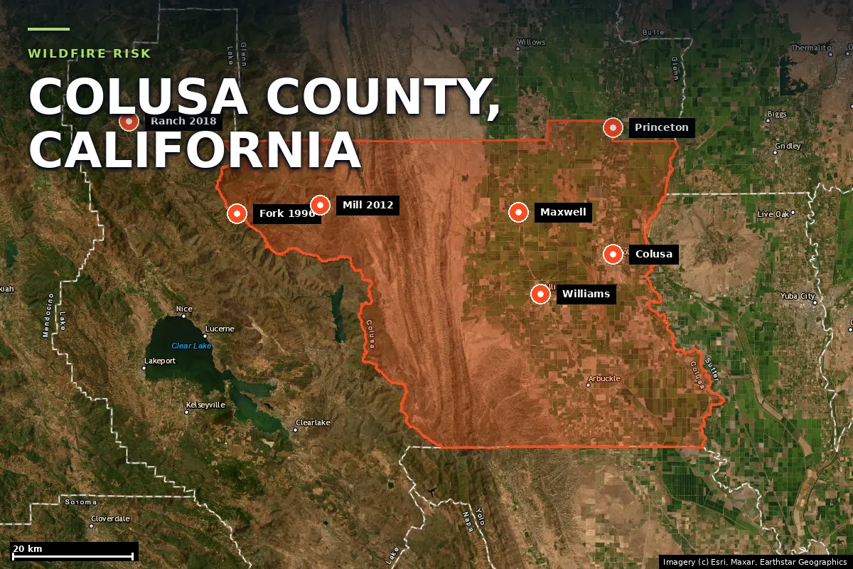 Satellite locator map of Colusa County, California, with the county boundary outlined