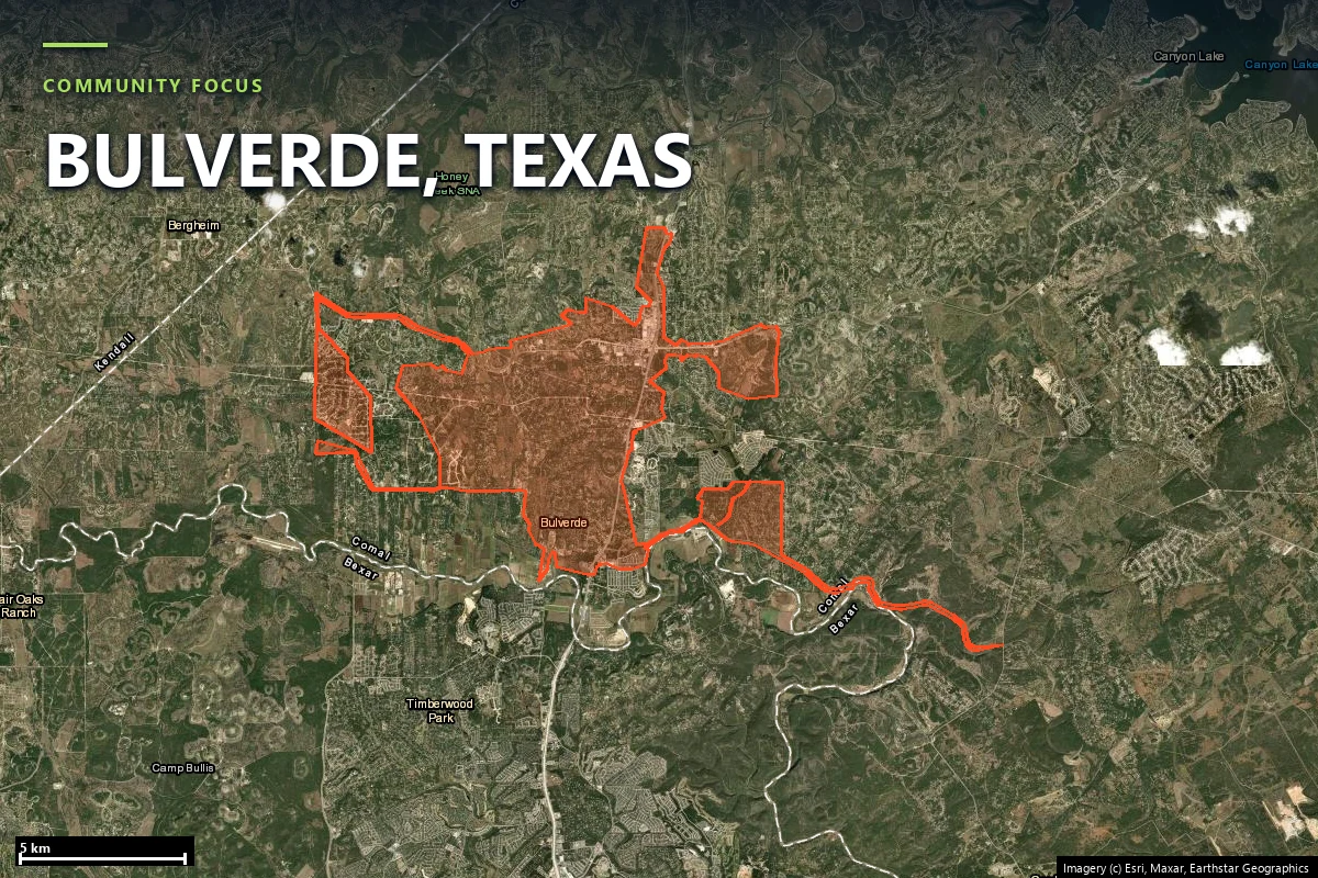 Satellite close-up of the Bulverde case-study area in Comal County showing dispersed homes, roads and tree cover on rolling terrain