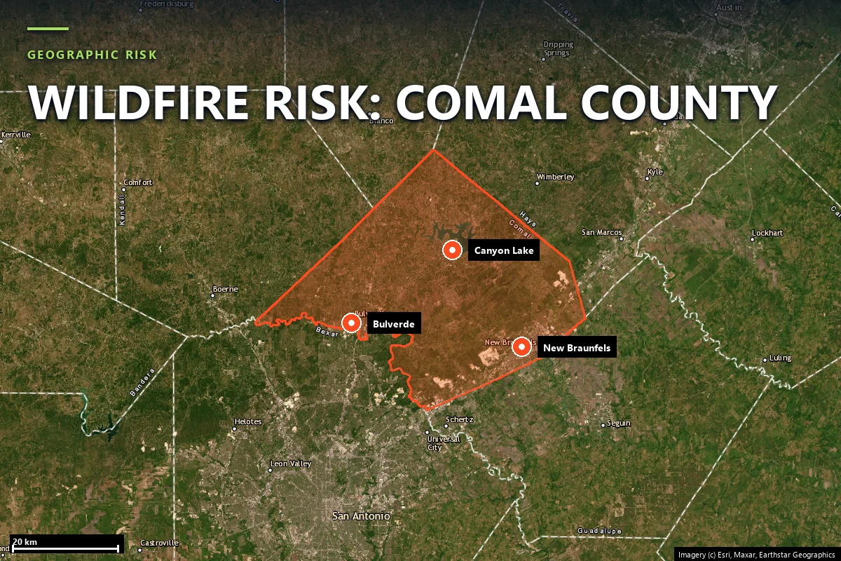 Satellite locator map of Comal County, Texas, with the county boundary outlined and Bulverde, Spring Branch, Canyon Lake and New Braunfels marked