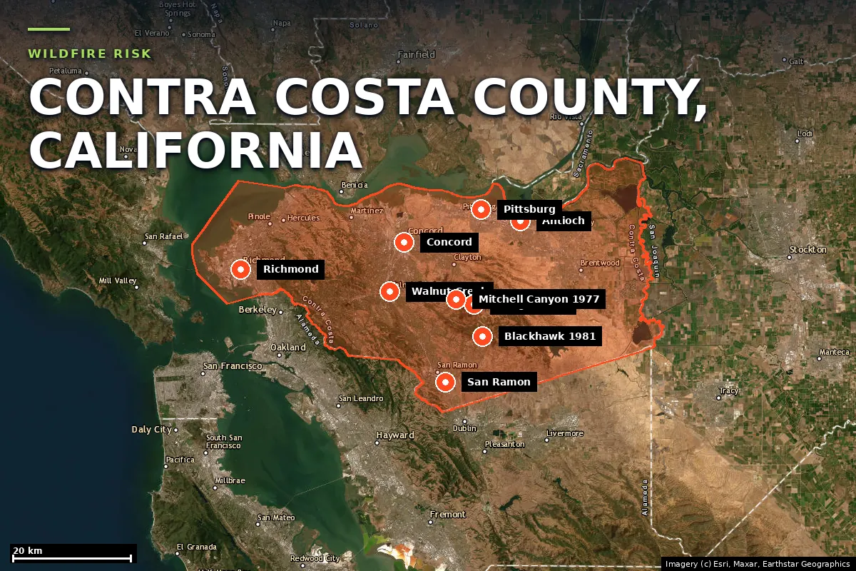 Satellite locator map of Contra Costa County, California, with the county boundary outlined