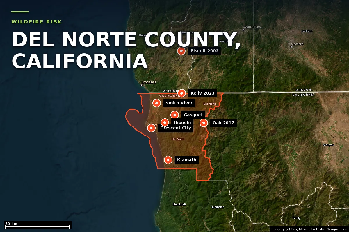 Satellite locator map of Del Norte County, California, with the county boundary outlined