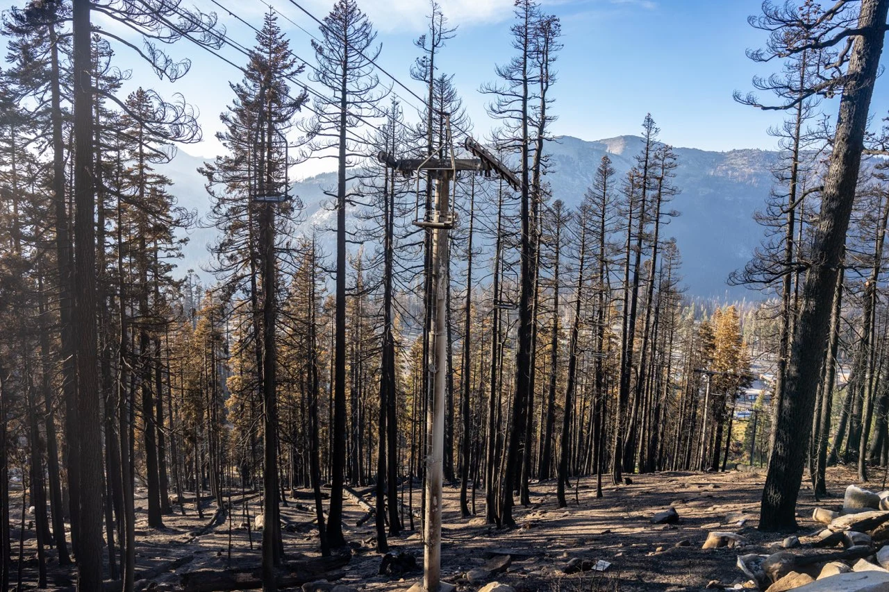 Burned forest and scorched ski-lift towers at Sierra-at-Tahoe resort after the 2021 Caldor Fire, El Dorado County