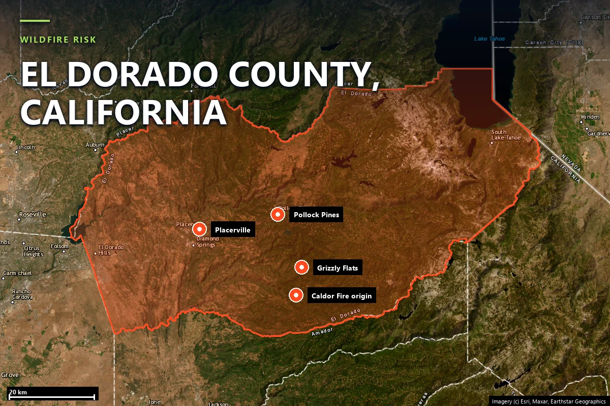 Satellite locator map of El Dorado County, California, with the county boundary outlined and Grizzly Flats, Pollock Pines, Placerville and the Caldor Fire origin point marked between Placerville and Lake Tahoe