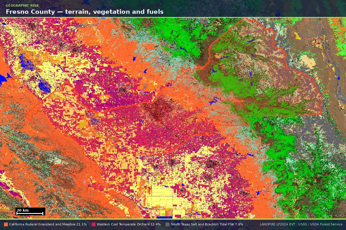 LANDFIRE existing vegetation type map of Fresno County, California, with the county boundary outlined