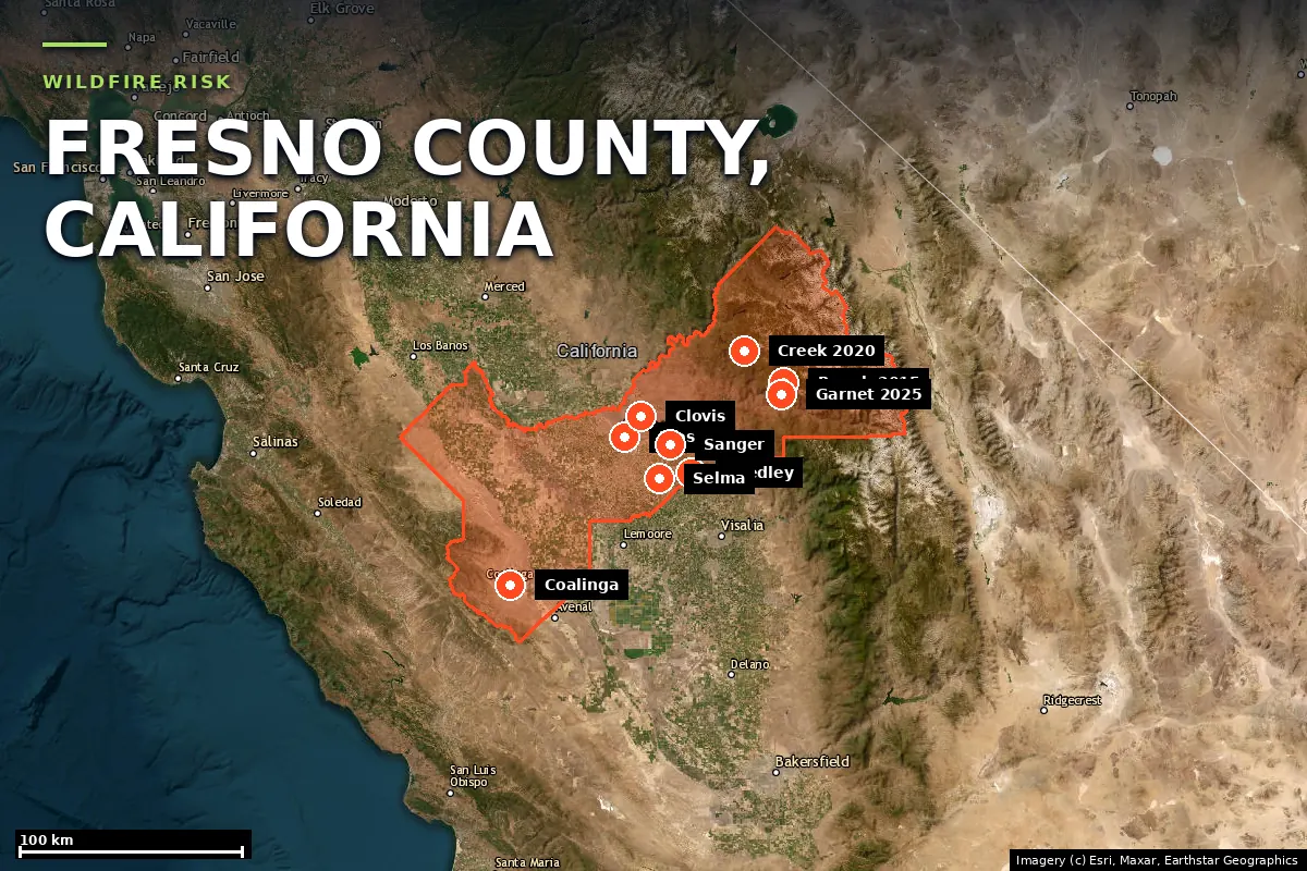Satellite locator map of Fresno County, California, with the county boundary outlined