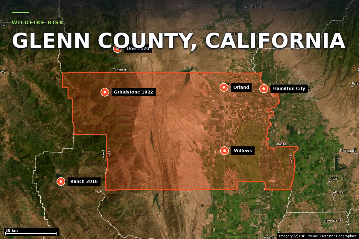 Satellite locator map of Glenn County, California, with the county boundary outlined