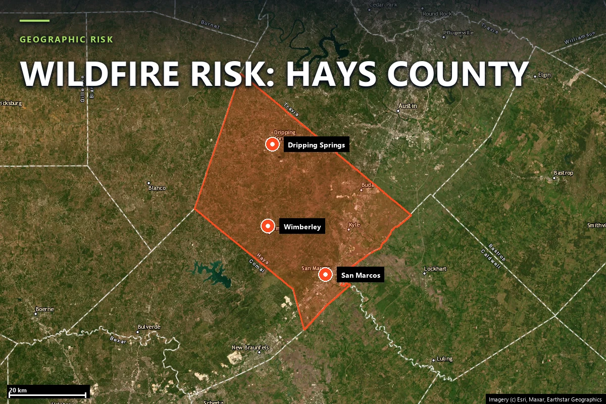 Satellite locator map of Hays County, Texas, with the county boundary outlined and Wimberley, San Marcos and Dripping Springs marked