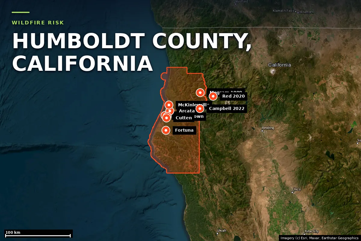 Satellite locator map of Humboldt County, California, with the county boundary outlined