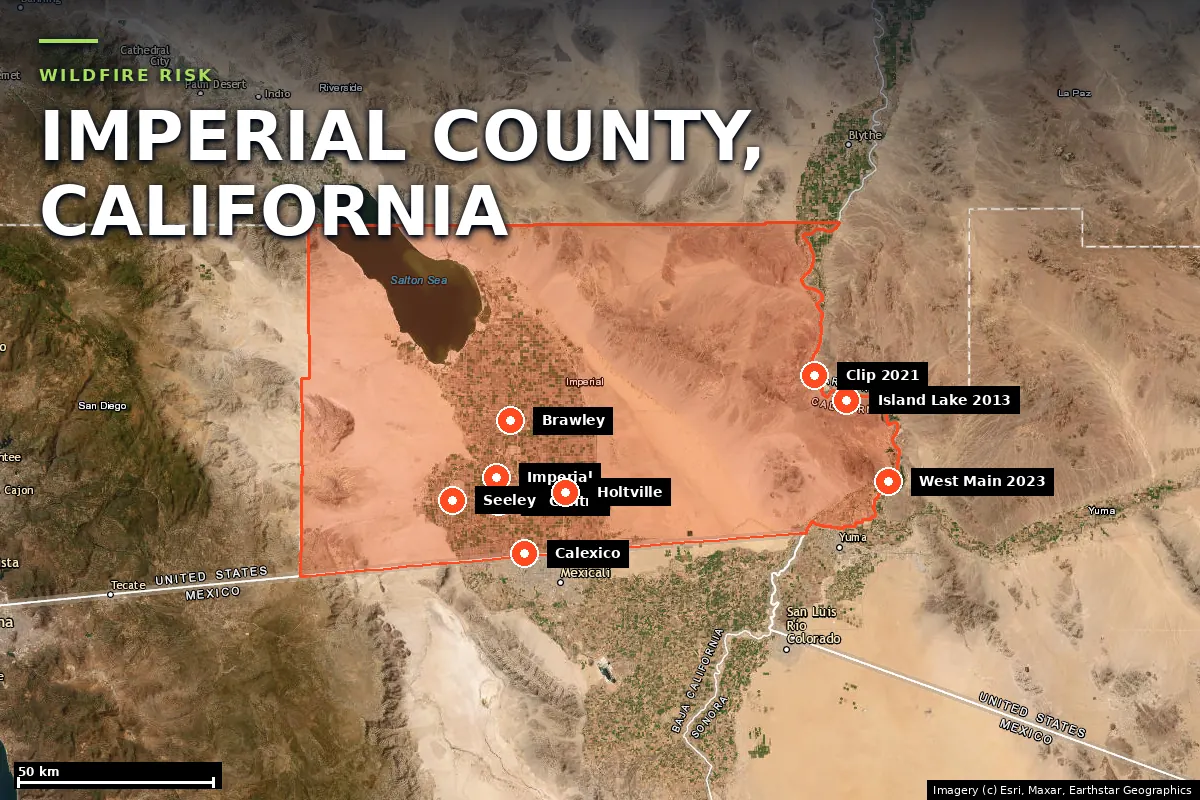 Satellite locator map of Imperial County, California, with the county boundary outlined