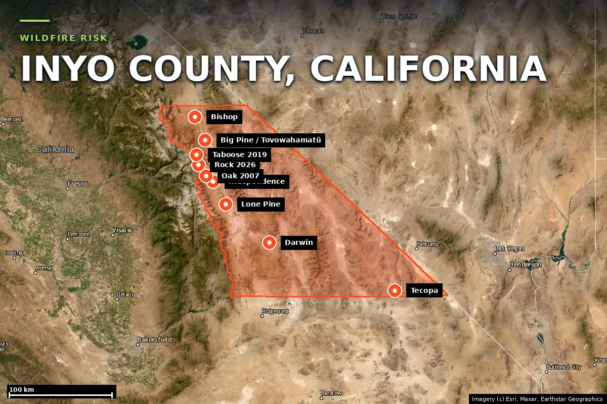 Satellite locator map of Inyo County, California, with the county boundary outlined