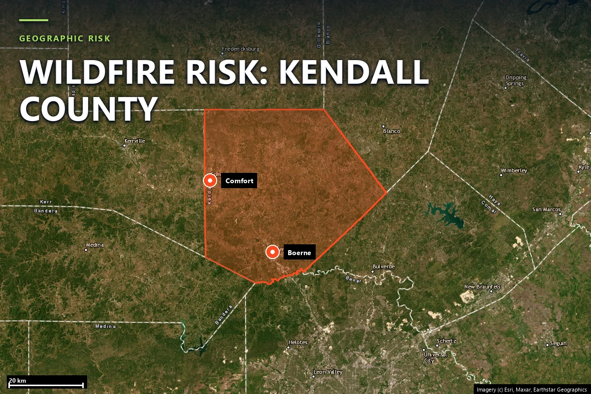 Satellite locator map of Kendall County, Texas, with the county boundary outlined and Boerne, Comfort and Bergheim marked