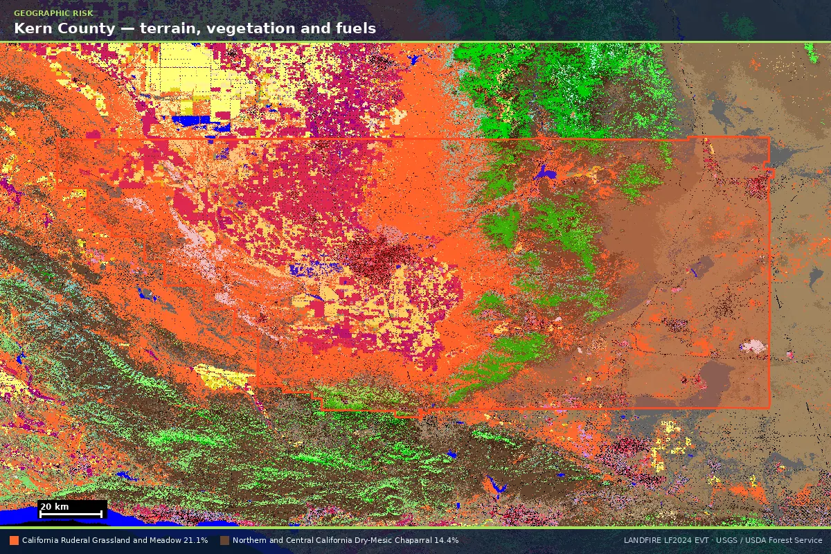 LANDFIRE existing vegetation type map of Kern County, California, with the county boundary outlined