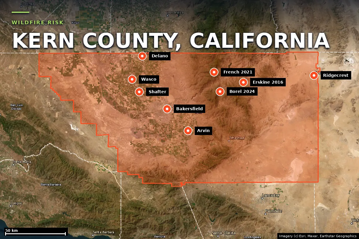 Satellite locator map of Kern County, California, with the county boundary outlined